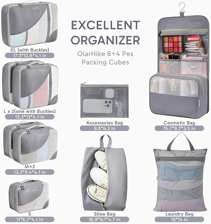 10 Set Packing Cubes for Travel, Gifts for Women Mom,Anti-Tearing Suitcase Organizer for Luggage with Shoe & Hanging Toiletry