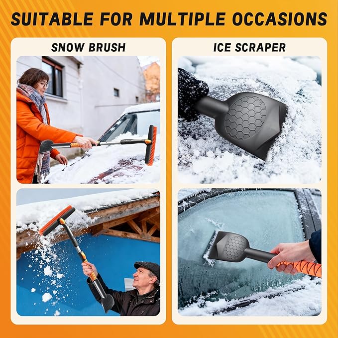 [Upgrade] 45" Extendable Snow Brush for Car Windshield, Military-Grade Sturdy Large Ice Scraper, 360° Pivoting Brush Head with Silicone Grip for Truck, SUV, Auto