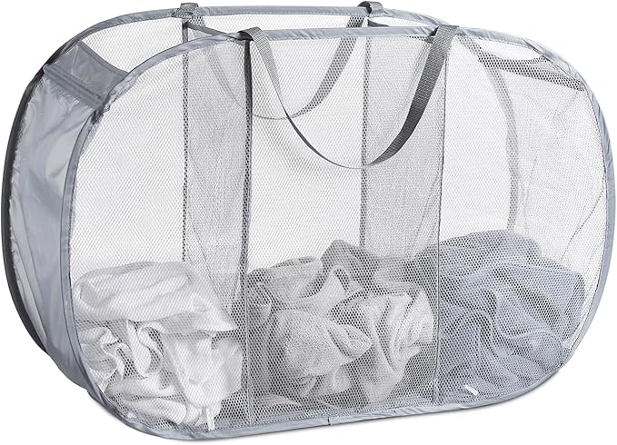 Seiritex Mesh Popup Laundry Hamper 3 Compartment Sortable Horizontal Collapsible Laundry Basket for Clothes Laundry Room Bedr