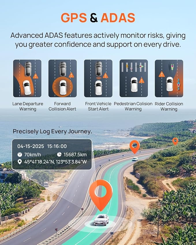 70mai 4K Dash Cam Front and Rear, Built in Wi-Fi 6 & GPS Car Camera, Super Night Vision, ADAS, 3'' IPS Screen, 24H Parking Mo
