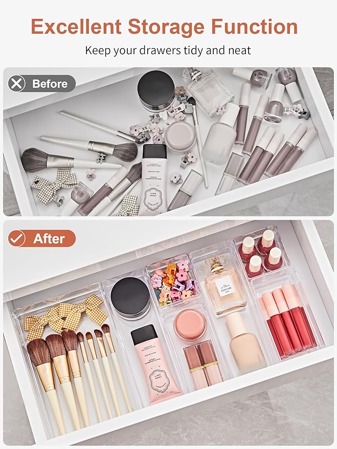 SMARTAKE 37-Piece Drawer Organizer with Non-Slip Silicone Pads, 4-Size Desk Drawer Organizer Trays Storage Tray for Makeup, J