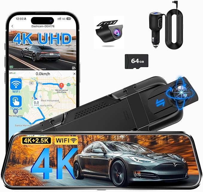 Mirror Dual Dash Camera for Car, Dashcam 4K Front 2.5K IMX335 Rear View/ADAS BSD LCA Wi-Fi&APP WDR Night Vision G-Sensor Loop