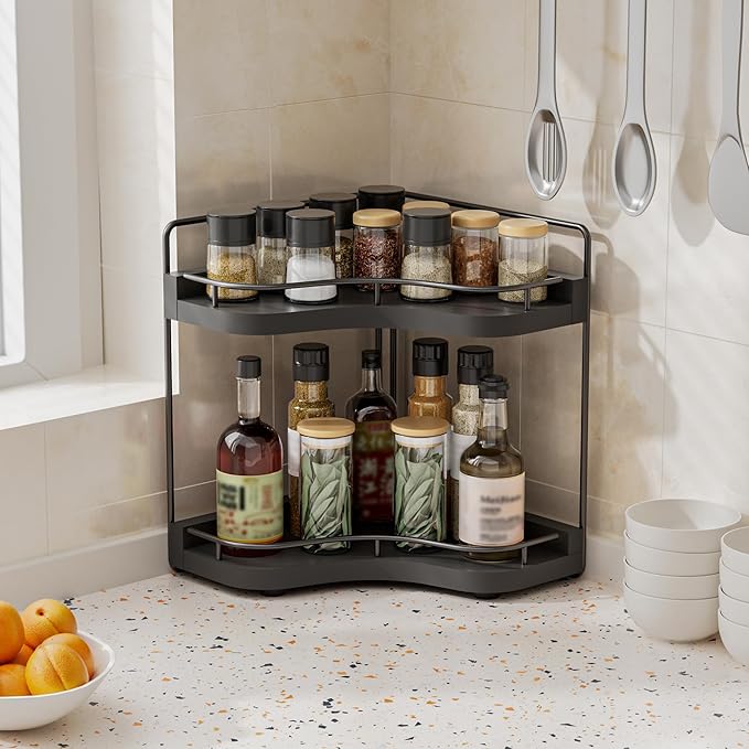 2-Tier Corner Bathroom Counter Organizer with Embedded Screw Holes, Secure & Stable Wood Vanity Shelf for Makeup and Skincare