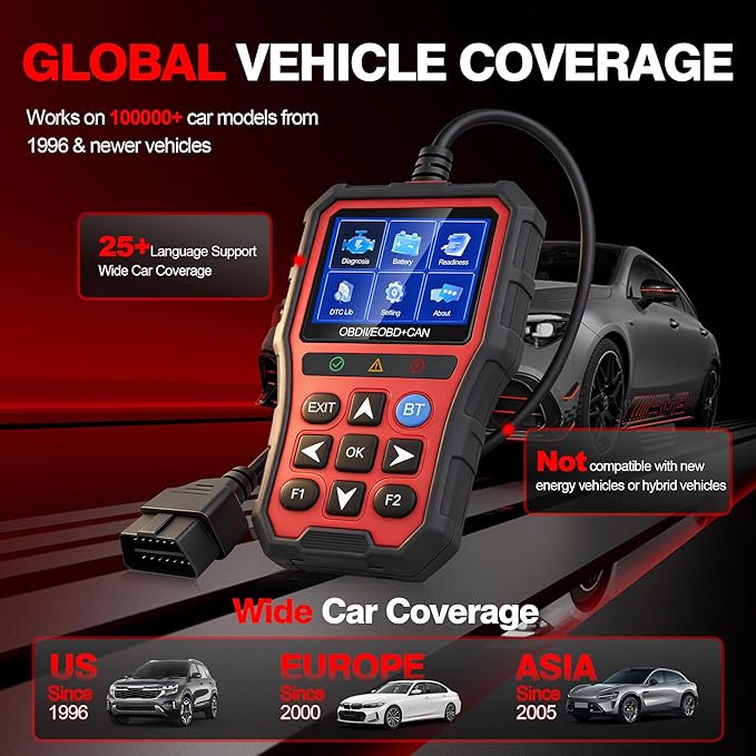 OBD2 Scanner Diagnostic Tool,Car Code Reader with Battery Tester, Check Engine Code Reader with Reset OBDII, Real-Time Date,
