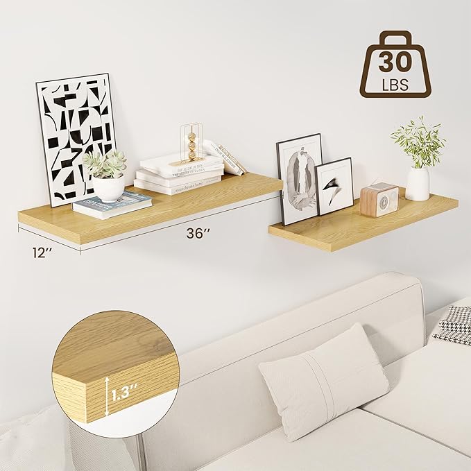 Dreamland 36" Floating Shelves for Wall, 12" Deep Slim Oak Floating Shelves, Wall-Mounted Shelves for Bedroom, Living Room, K
