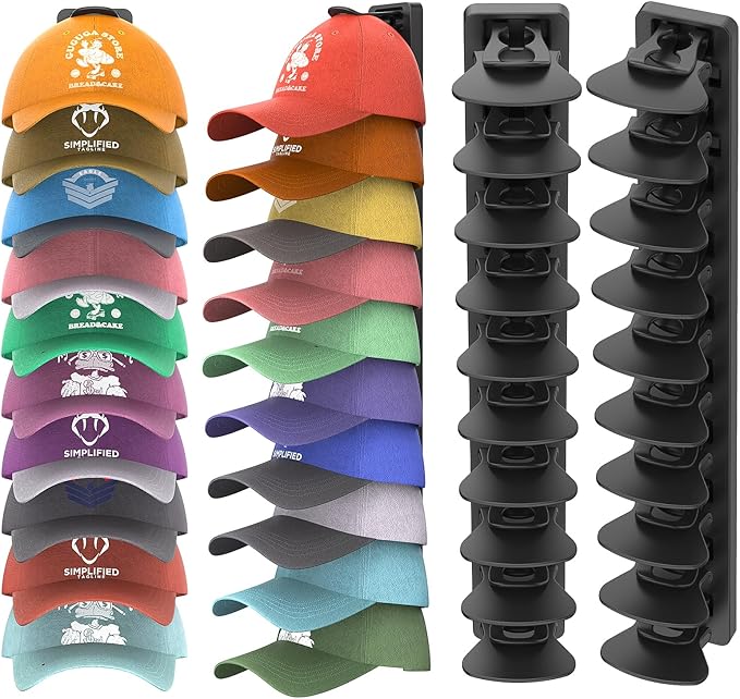 Hat Organizer for Baseball Caps Hold Up to 40 Hats, 2 Pack Hat Rack for Wall, Strong Adhesive Hat Storage Display Holder for 