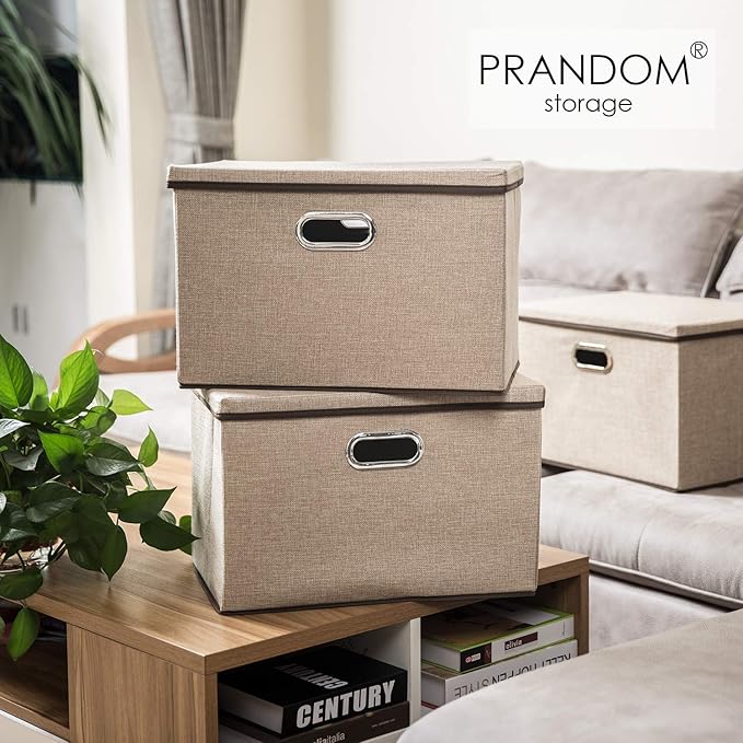 PRANDOM Large Collapsible Storage Baskets with Lids [5-Pack] Jute Fabric Foldable Storage Bins Boxes Organizer Containers Cub