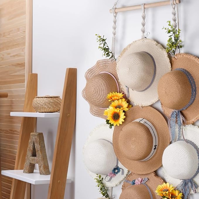 Macrame Hat Hangers for Wall Wide Brimmed Hat Holder Storage 10 Clips Hat Rack Organizer for Wall Display Boho Decor for Fedo