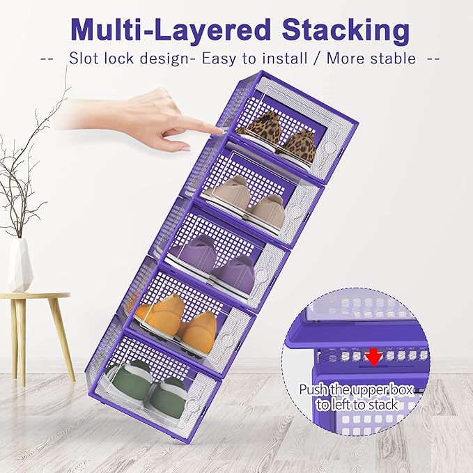 Kuject Shoe Organizers Storage Boxes for Closet, 12 Pack Clear Plastic Stackable Storage Bins with Lids, Under Bed Shoe Conta