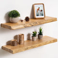 fuqing Live Edge Floating Shelves for Wall 24 inch, 8 Inch Deep Solid Elm Wood Floating Wall Shelves - Rustic Wooden Shelves 