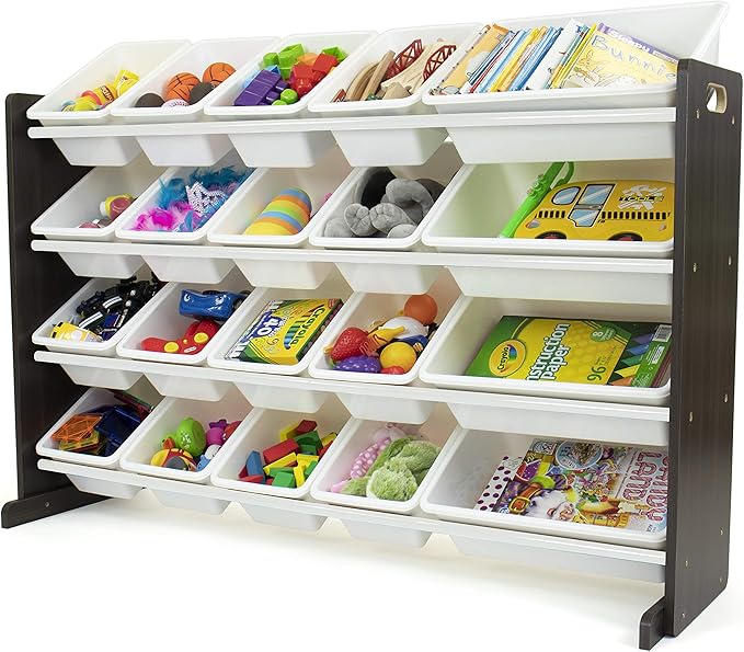 Humble Crew Extra-Large Toy Organizer with 20 Plastic Bins – White/Espresso Storage Rack with 4-Tier Shelves, Anti-Tip Safety