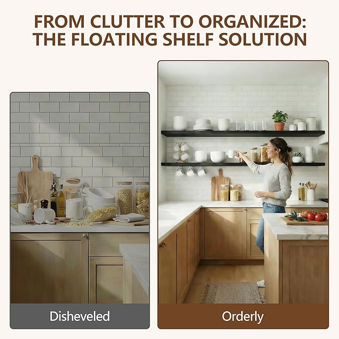 IEO Long Wooden Floating Shelves for Room Wall, Natural Wood Floating Shelves Wall Mounted Kitchen Shelf for Living Room, Bed