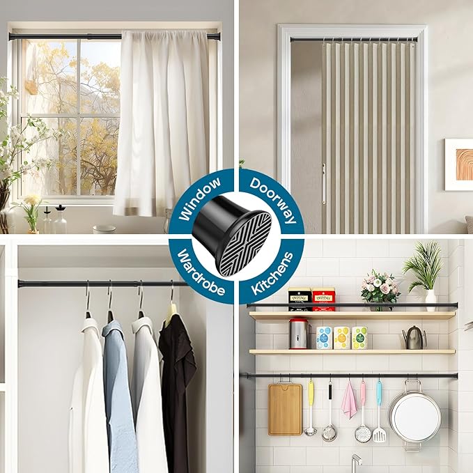 AIZESI Black Adjustable Tension Curtain Rod, 31-63 Inch Spring No Drill Stainless Steel Shower Rods for Bathroom，Closet ，Wind