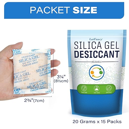 LotFancy Silica Gel Packets 20 Gram 15 Pack, Color Indicating Rechargeable Desiccant Packs, Moisture Absorber for Gun Safe, E