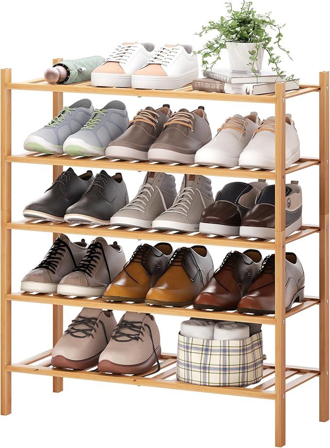BMOSU 5-Tier Bamboo Shoe Rack Premium Stackable Shoe Shelf Storage Organizer for Hallway Closet Living Room Entryway Organize