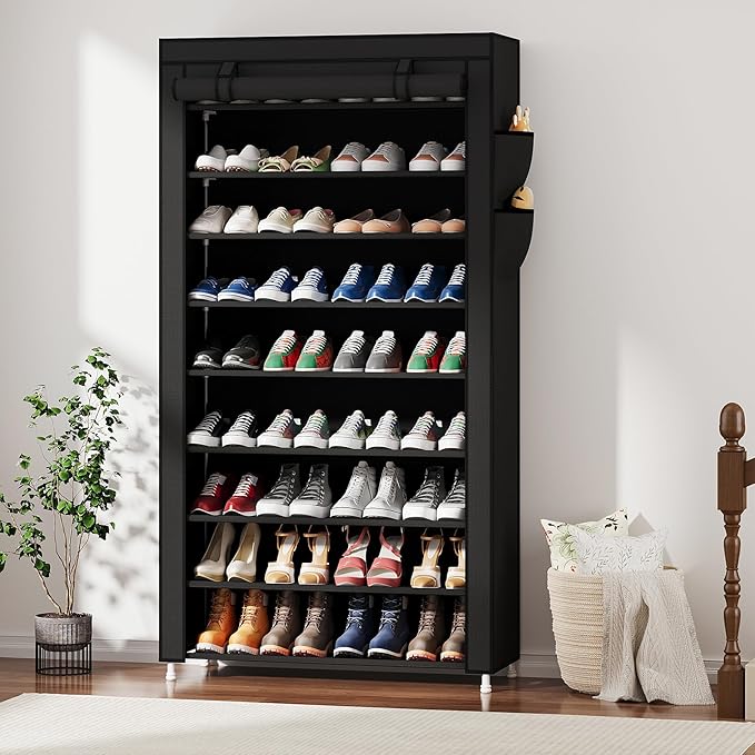 Laiensia 9-Tier Vertical Shoe Rack Organizer, Space Saving Shoe Storage Organizer, Non-Woven Cover Shoe Shelf Holds 36-45 Pai