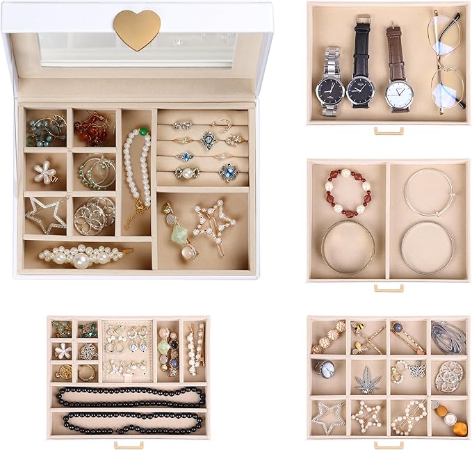 Kendal Jewelry Box, 5-Layer Jewelry Organizer Box with Glass Lid, Brass Gold and White, Heart Shaped PU Leather, Storage Box 