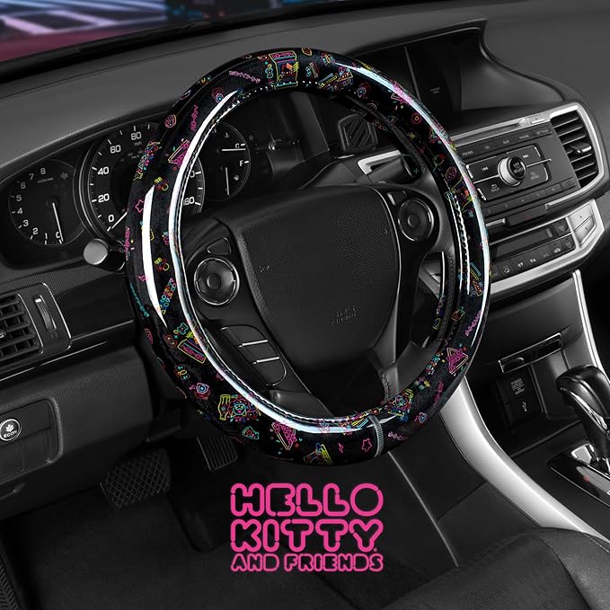 Hello Kitty Steering Wheel Cover, Official Sanrio Car Steering Wheel Cover with Universal Size 14.5-15, Cute Black Hello Kitty Car Accessories for Women (Hello Kitty Kawaii Arcade)