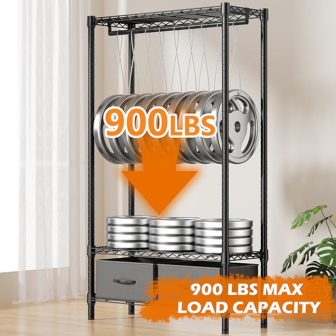 M MZG Heavy Duty Rolling Garment Rack 3 Tiers Adjustable Wire Shelving with Rod, Storage Closet Clothing Rack with Drawers Da