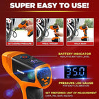 EMSON Bullseye Pro ASON TV Digital Tire Inflator Automatic 150 PSI w/Gauge Display Screen & Pre-set Pressure in KPA,PSI,BAR,Kg/cm,Built-in LED Lights,Rechargeable,Air Compressor,Car Tire Pump,Orange