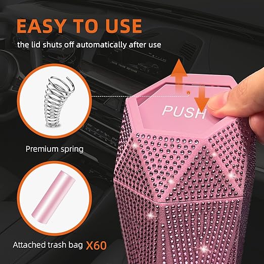 NBTEPEM Bling Car Trash Can with Lid, Bling Car Accessories Trash Bin, Leakproof Auto Garbage Can with 30 Trash Bags, Multipurpose Organizers and Storage for Home, Office (Pink Diamond)