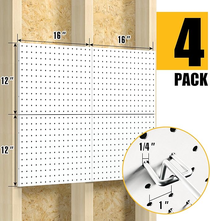 Spampur Peg Board, 4 Pack Metal Pegboard Panels with 50 Hooks, White Pegboards Wall Organizer, Heavy Duty Peg Board for Walls