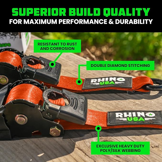 Rhino USA Retractable Ratchet Straps (4-Pack) - 2 Inch x 10 Feet (3,033lb Break Strength) - Heavy Duty Auto Self Retracting Tie Down Straps for Truck, Cargo Trailer, Motorcycle, Rad & More - Orange