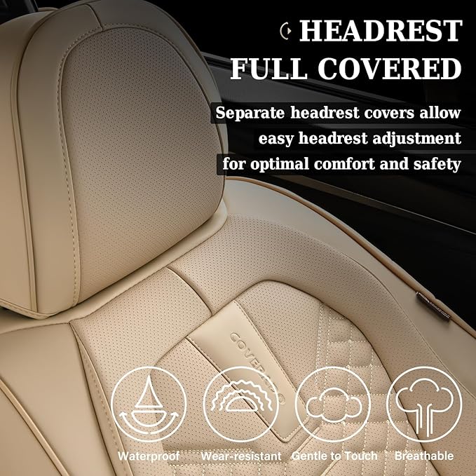 Coverado Car Seat Covers Full Set, Waterproof Nappa Leather Seat Covers for Cars, Universal 5 Seats Car Seat Covers, Front an
