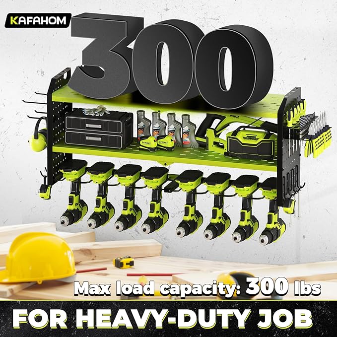 KAFAHOM Power Tool Organizer, Large 8 Drill Holder Wall Mount with 2 Side Pegboards, Heavy Duty Metal Tool Shelf with 12 Hook