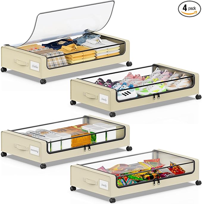Beborxue Under Bed Storage with Wheels, 4-Pack Under Bed Storage Containers with Clear Lids, XXL 60L Under Bed Shoe Storage O