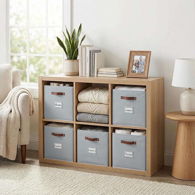 DECOMOMO Storage Bins, Cube Storage Bin with Labels, Fabric Storage Cubes for Shelves (10.5" x 11" / 6pcs, Grey)