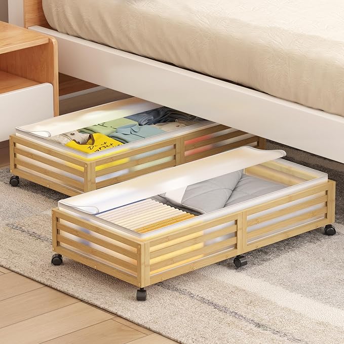 Under Bed Storage Containers With Wheels - 2 Pcs Large Bamboo Wood Rolling Underbed Shoe Storage Bins With Dust Bags for Clot