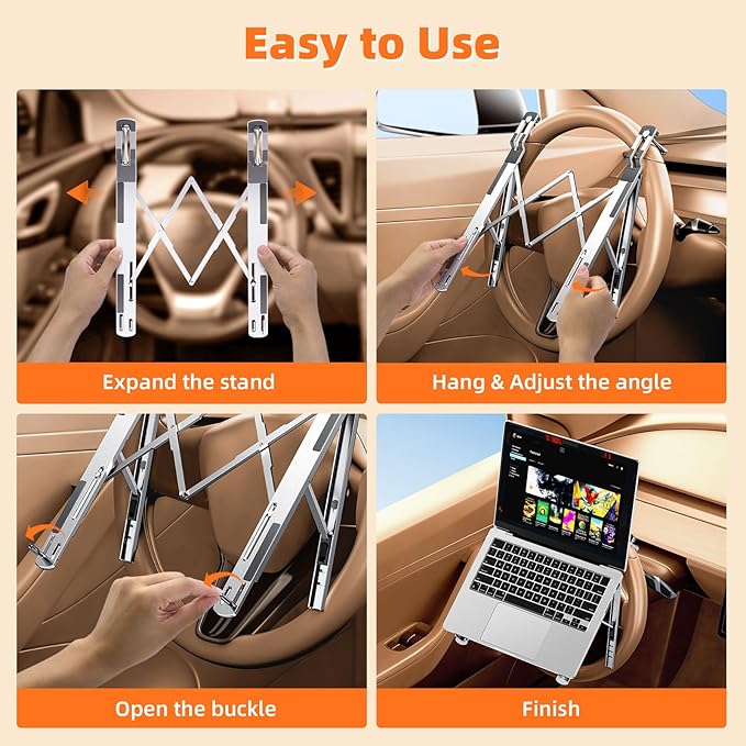 Foldable Car Laptop Holder, Adjustable Car Laptop Mount for Steering Wheel Tray Holder, Metal Notebook stand| Car Reading Stand | Car Tablet Holder, Multipurpose Travel Car Accessories-Silver