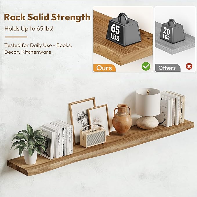 Vivelove 55 Inch Live Edge Floating Shelves Solid Wood, Elm Shelves for Wall with Invisible Bracket for Living Room Bedroom B