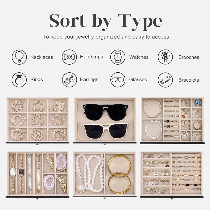 Dajasan Large Jewelry Organizer Box with 5 Drawers, Jewelry Box for Women, 6-Tier Jewelry Storage Organizer with Mirror for N