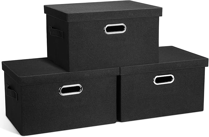 Graciadeco Medium 15" 21 Quart Collapsible Stackable Storage Bins with Lids, 3 Packs Black Foldable Fabric Closet Boxes Heavy