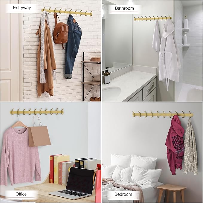 Brushed Gold Wall Mounted Coat Rack – 30 Inch Stainless Steel Rail with 10 Double Coat Hooks for Entryway, Bathroom, Bedroom,
