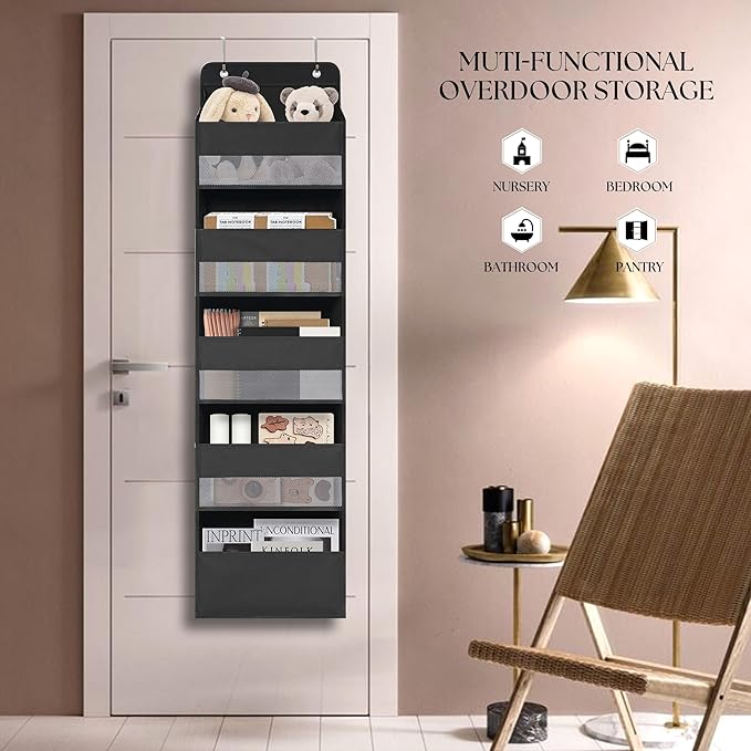 TYMENSH Over Door Organizer with 5 Large Pockets, Heavy Duty Hanging Organizer Storage, Closet Bathroom Nursery Bedroom Dorm,