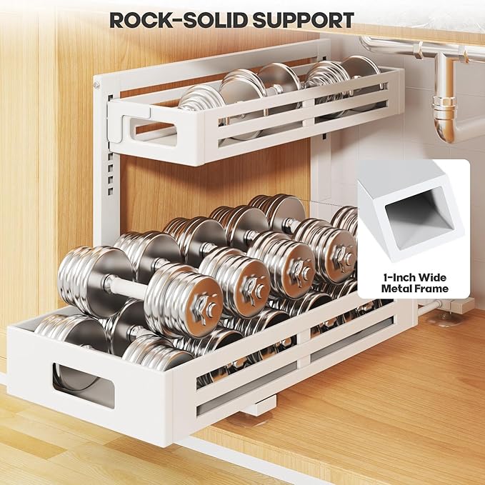 2 Pack 21IN-Depth Under Sink Organizer,Pull Out Cabinet Organizer With Smooth Cylindrical Rail,Metal Slide Out Drawer for Kit