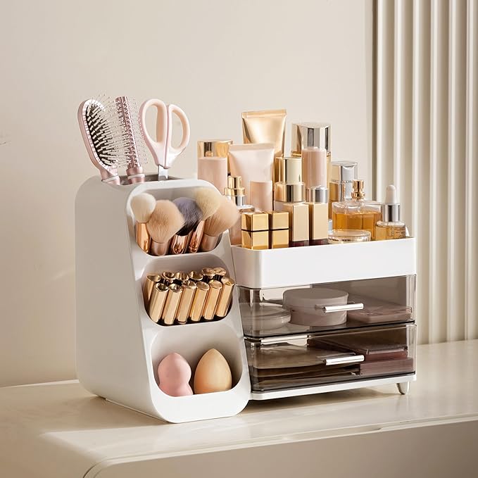 HBlife Makeup Organizer with Brush Holder for Vanity, Large Plastic Bathroom Countertop Organizer Skin Care Storage, Easy to 