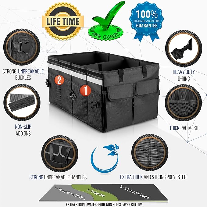 Starling's Car Trunk Organizer Super Strong, Foldable Storage Cargo Box for SUV, Auto, Truck Nonslip Waterproof Bottom, Fits