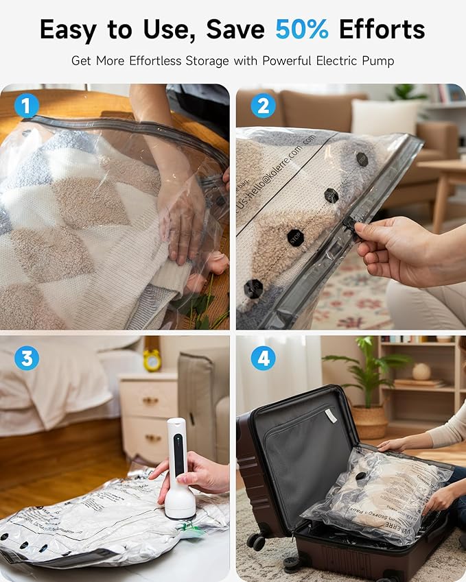 12 Pack Travel Vacuum Bags with Cordless Electric Pump, 4 Sizes Space Saver Vacuum Storage Bags for Luggage and Suitcase,Comp