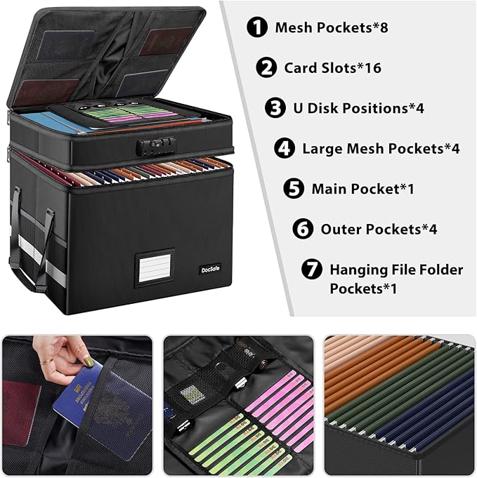 DocSafe File Box with Lock,Multi-Layer Fireproof Document Box Collapsible File Storage Organizer with Pockets/Handle,Large Po