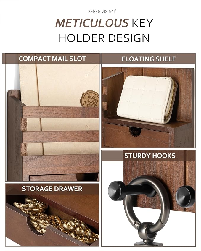 Rebee Vision Farmhouse Key Holder Wall Mount with 2 Drawer Organizer - Decorative Mail Organizer for wall with 6 Key Hooks - 