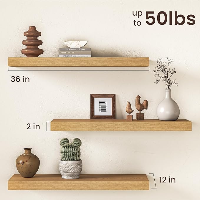 36Inch Oak Floating Shelves for Wall, 12 Inch Deep Shelves for Bedroom, Kitchen, Bathroom Wall Mounted, Rustic Wood Floating 
