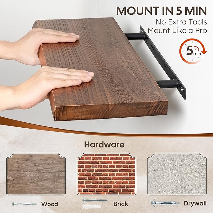 Live Edge Floating Shelf, 48 Inch Solid Elm Wood - Vintage Rustic Wood Wall Shelf with Invisible Brackets for Living Room, Ki