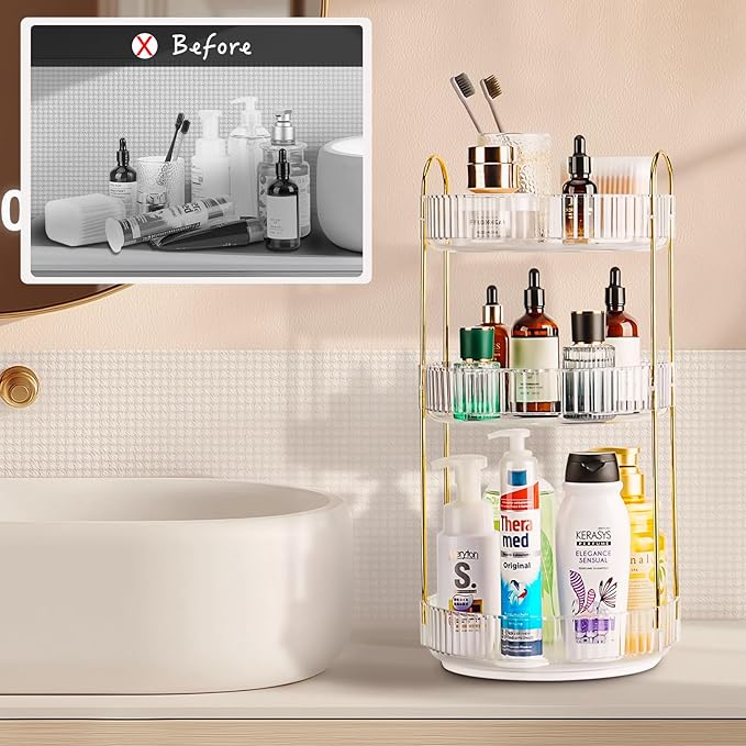 360 Rotating Makeup Organizer - Large Capacity Spinning Perfume & Cosmetic Skincare Holder for Countertop (Pearl White, 3 Tie