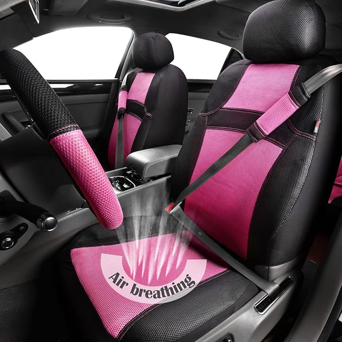 CAR PASS Rainbow Cool Universal Fit Two Front 3D Air Mesh Car Seat Cover with Steering Wheel & Blet Cover-Airbag Compatible (Front Seats only, Black- Pink)