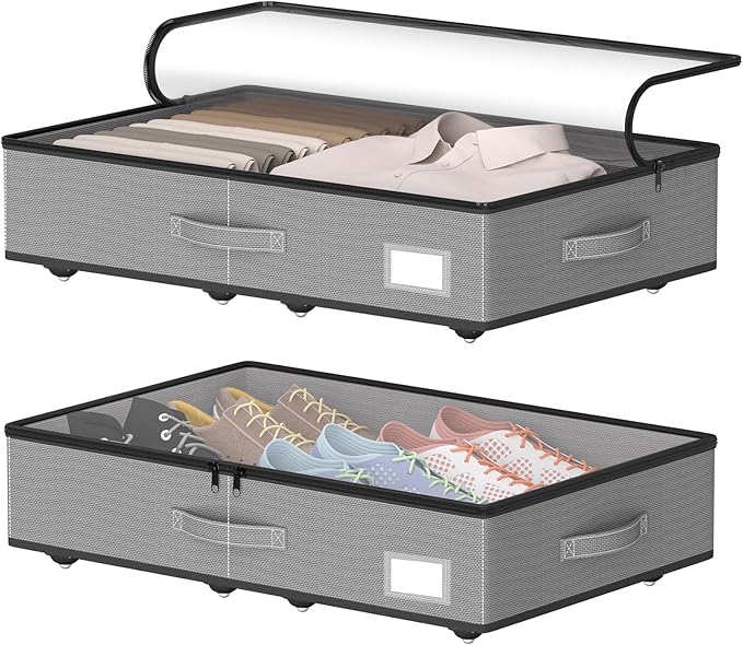 Under Bed Storage with Wheels, No Assemble Required 5.5 inches height grey under bed storage bins,Low Profile Rolling Underbe