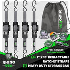 Rhino USA Retractable Ratchet Straps (4-Pack) - 1 Inch x 10 Feet (1,209lb Break Strength) - Auto Self Retracting Tie Down Straps for Truck, Cargo Trailer, Motorcycle, ATV, UTV - Gray